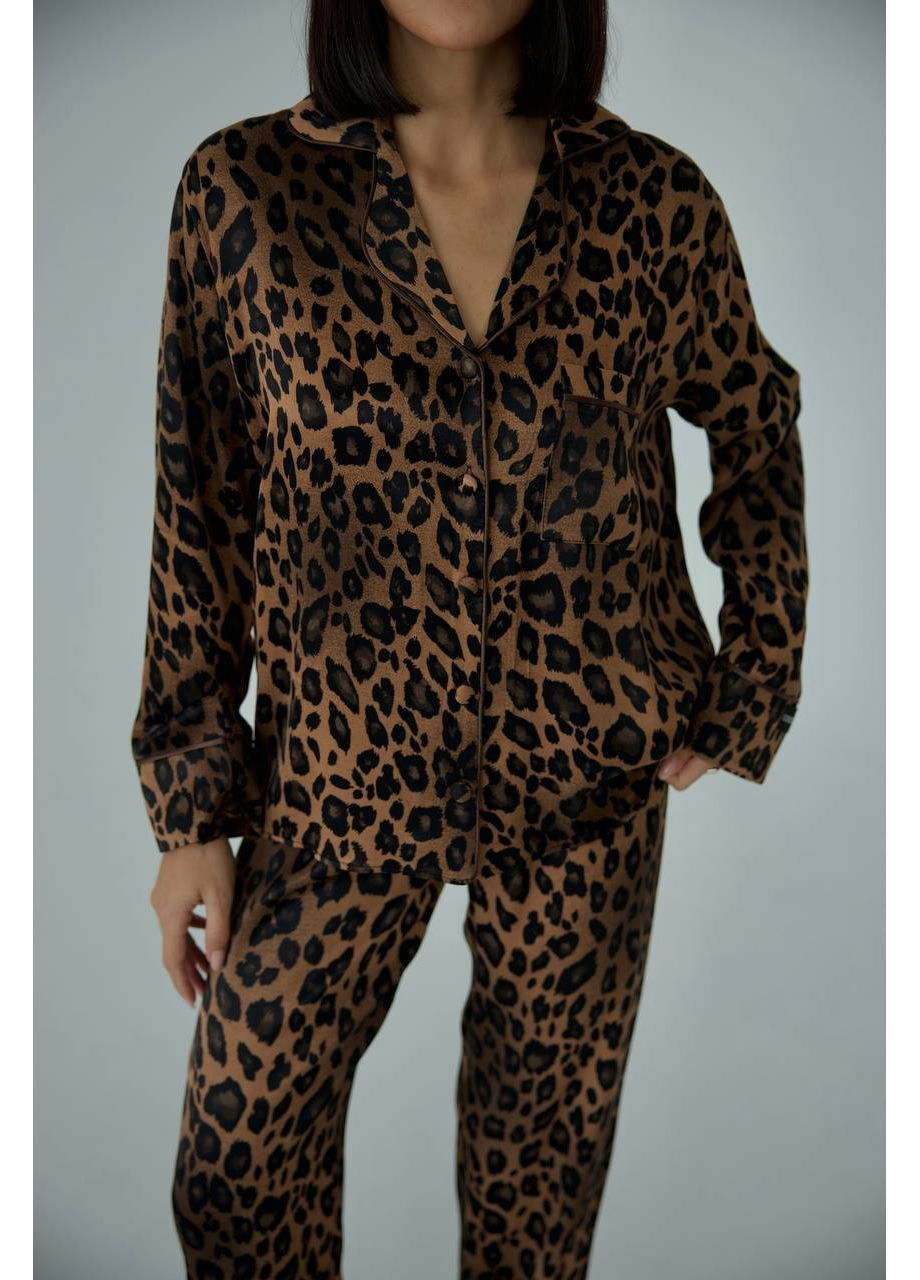 Коричневая всесезон женская пижама | коричневый леопард премиум рубашка + брюки Vital-Textile 1245