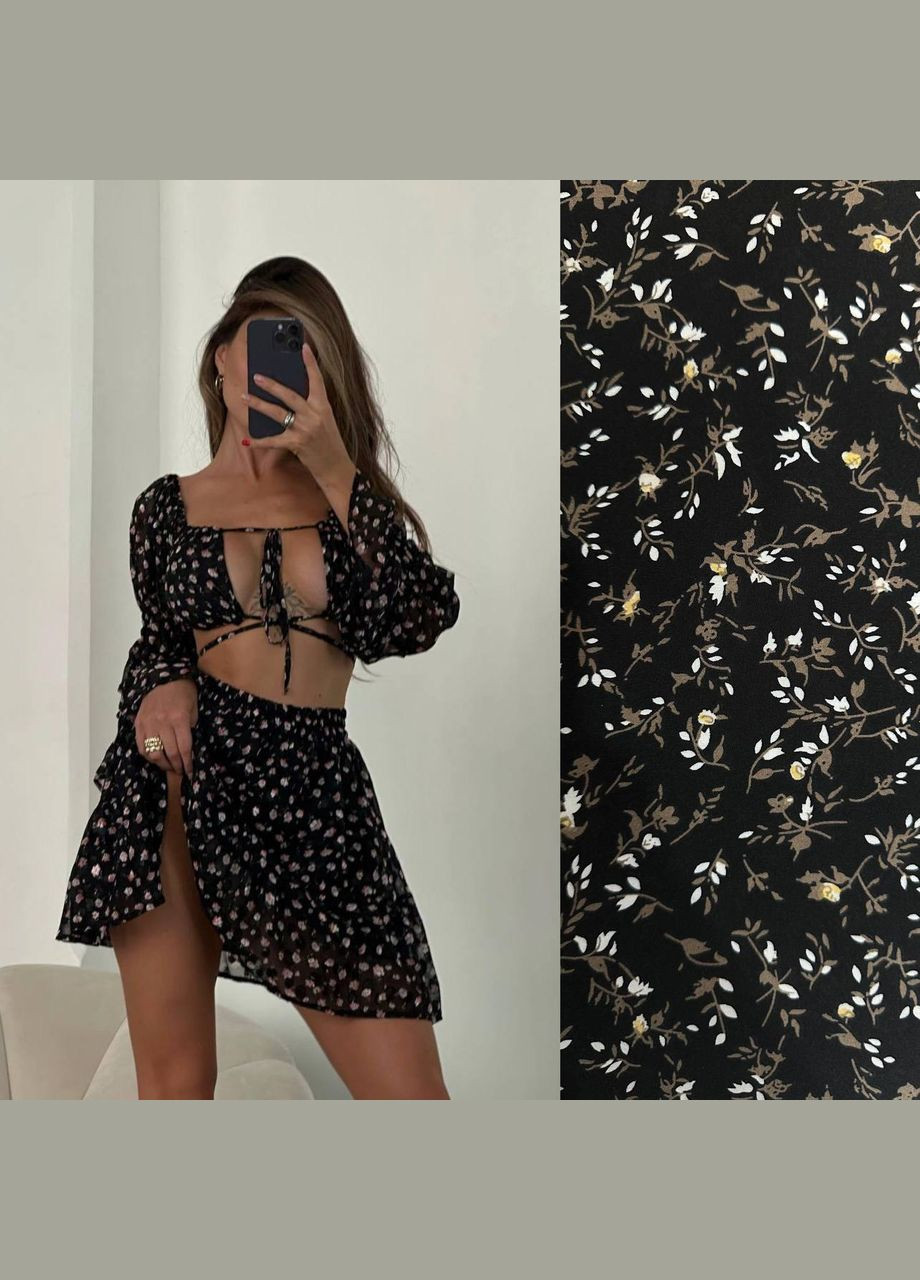 Гарний літній костюм у квітковому принті з якісного софту, елегантний костюм 2-ка (топ+повітряна міні-спідниця) No Brand 501-1 (295547483)