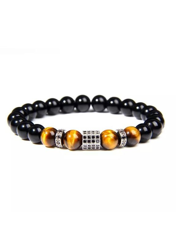 Браслет из черного агата и тигрового глаза с многогранником и дисками серебряного цвета (90065) Hemst (301071381)
