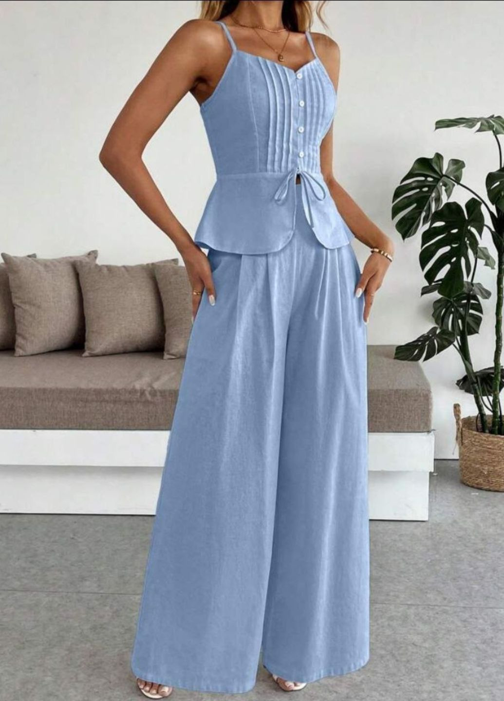 Изысканный легкий летний повседневный костюм двойка: Топ с пуговицами + штаны палаццо Tik-Tak (340114032)