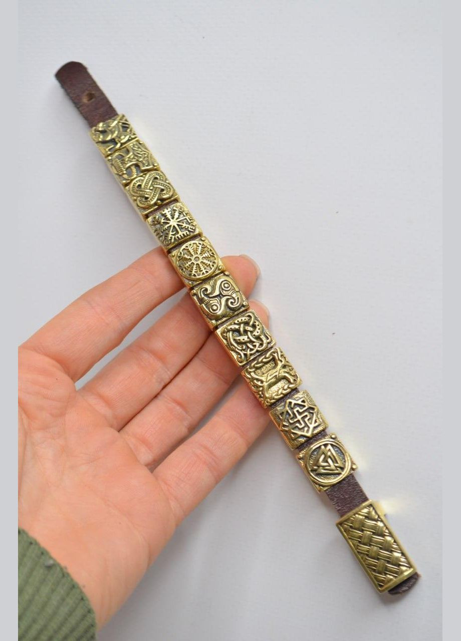 Браслет Мидгард Викингов из натуральной кожи и бусин рун из латуни ручного литья + брелок в подарок No Brand (341739047)