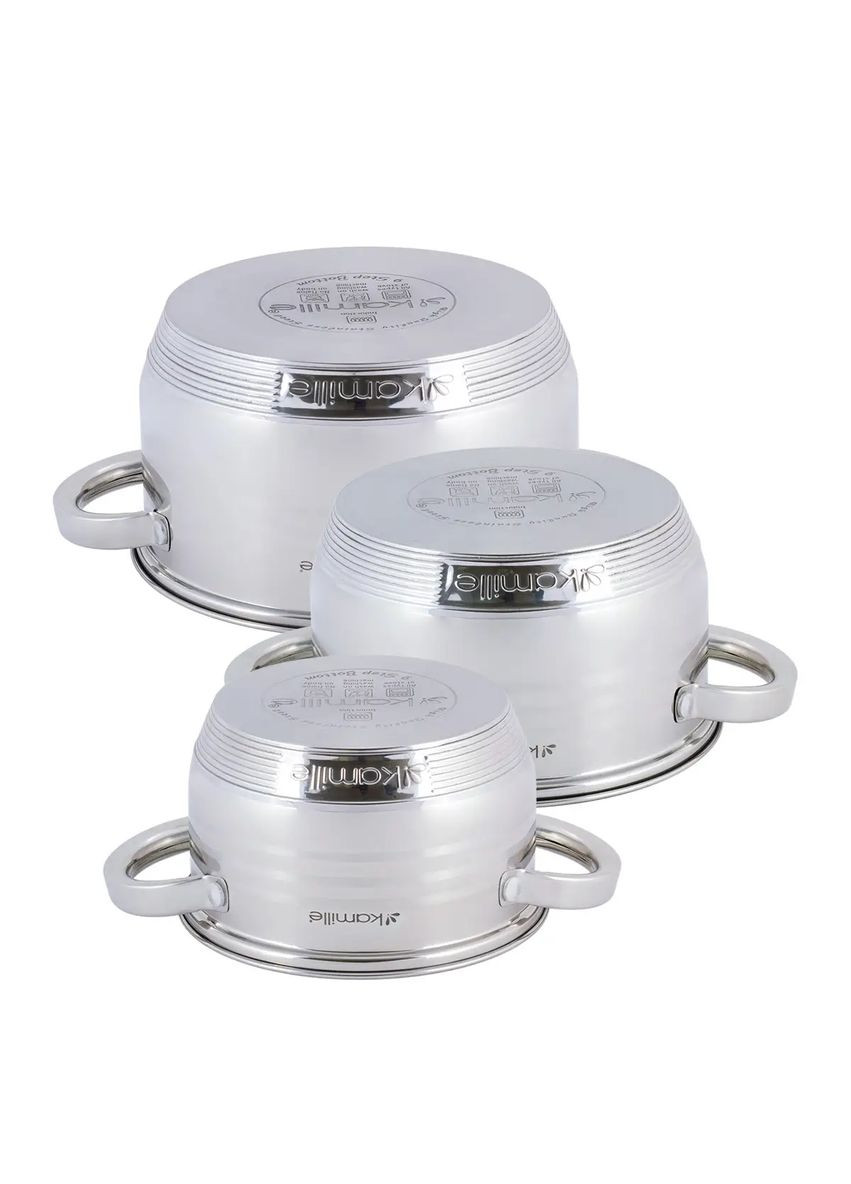 Набор кастрюль из нержавеющей стали 6 предмета для индукции и газа (1.5л, 2.0л, 3.0л) KM- hjk Kamille 4915 (360880079)