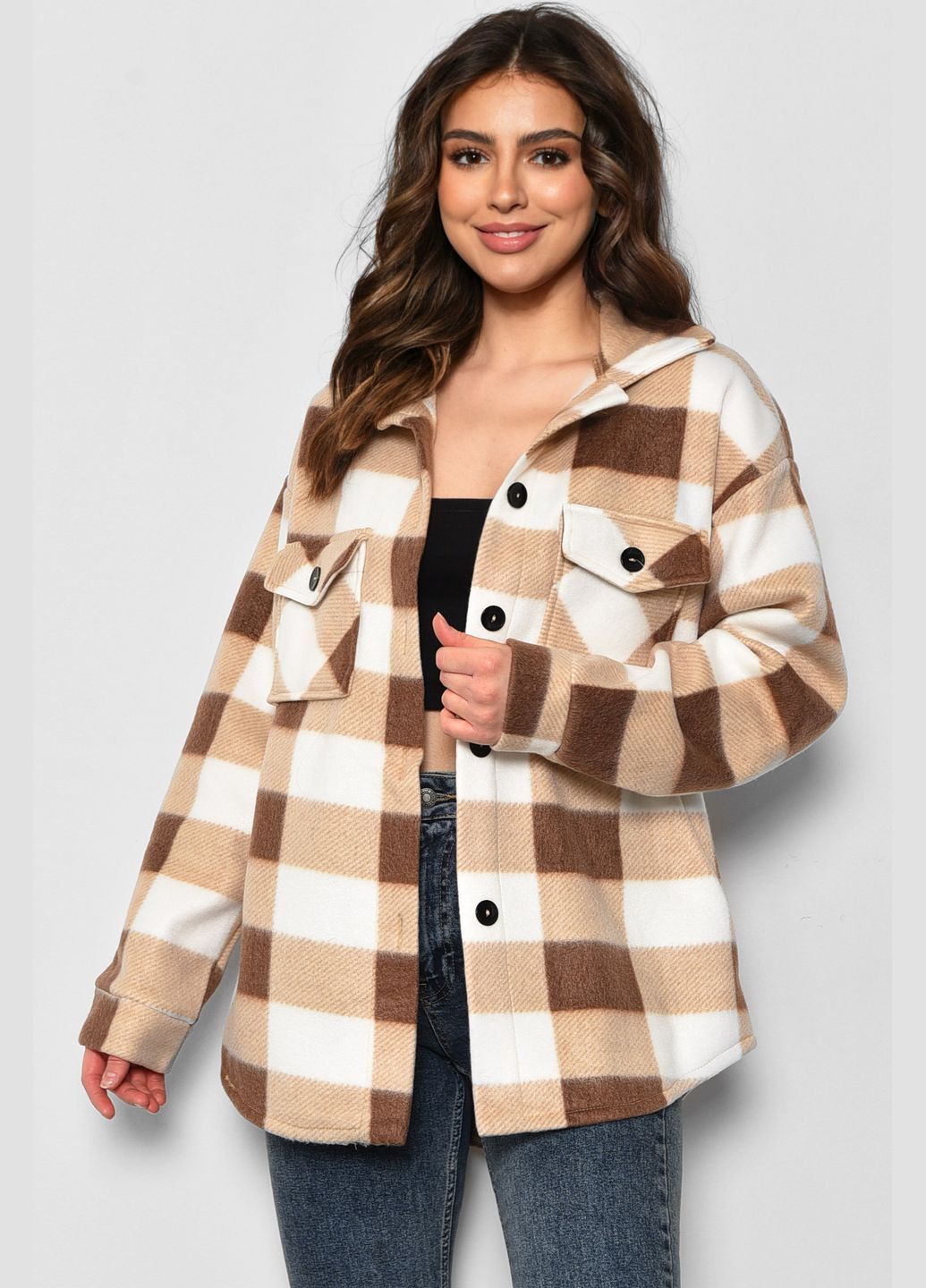 Сорочка жіноча флісова в клітинку коричневого кольору Let's Shop (285779261)