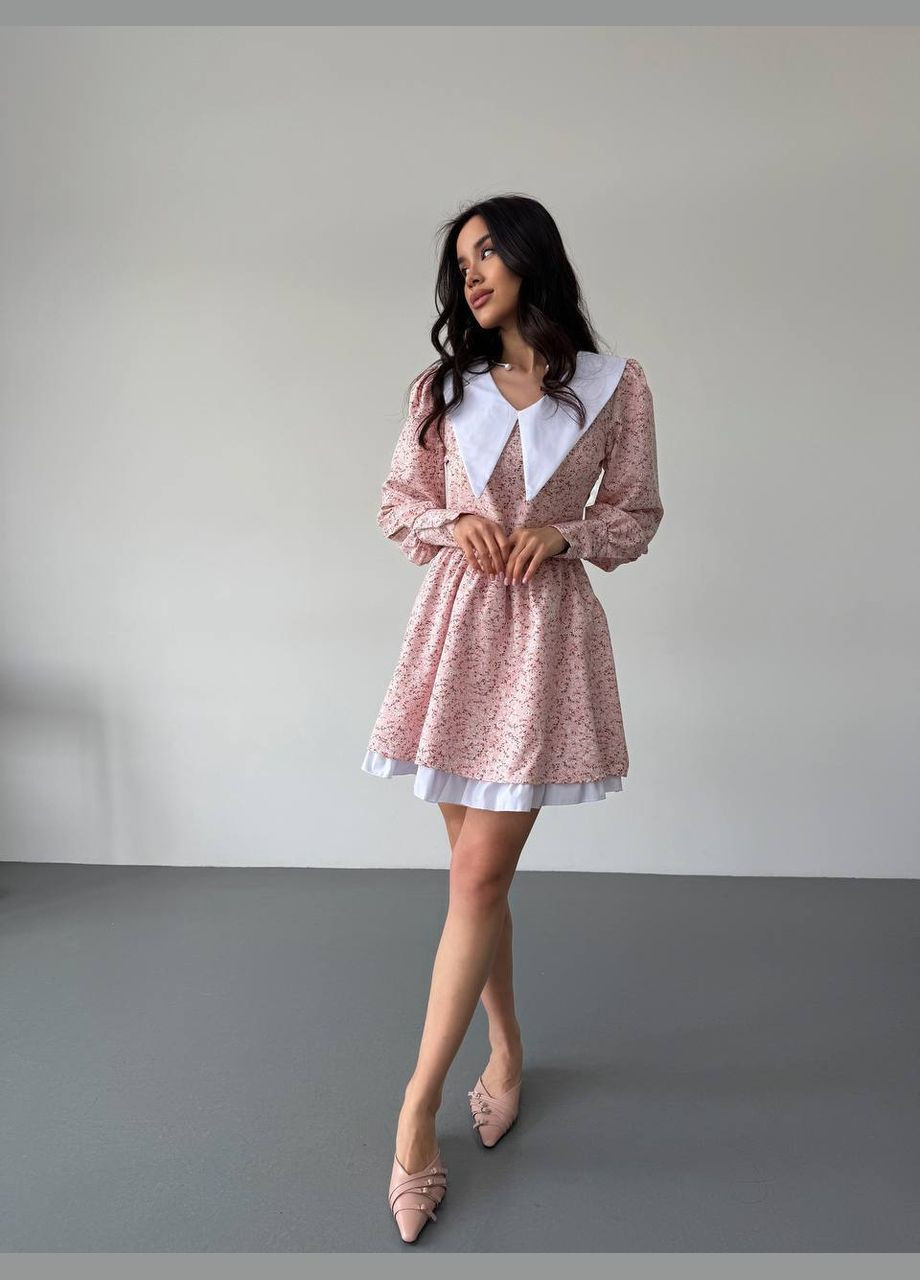 Пудровое повседневный платье мини с отложным воротником и объемными рукавами клеш MonCher с цветочным принтом