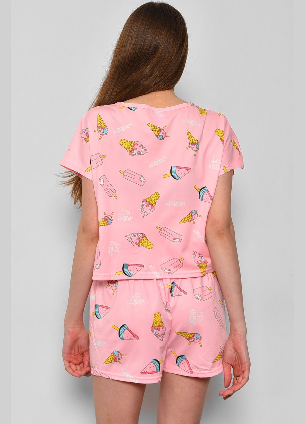 Розовая всесезон пижама женская розового цвета с принтом футболка + шорты Let's Shop
