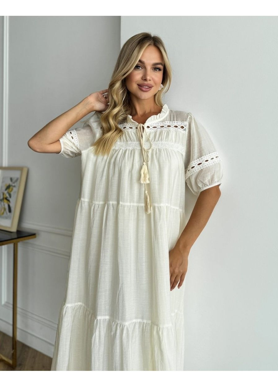 Білий сукня міді з мереживом 111742 No Brand