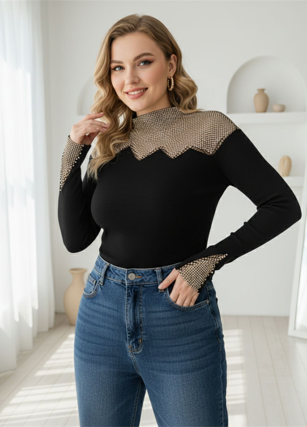 Чёрная гольф блузка с вставкой сетки с стразами стрейчевый G&N
