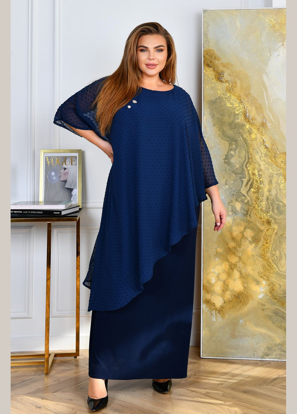 Темно-синее праздничный, вечернее длинное нарядное платье больших размеров Україна в горошек