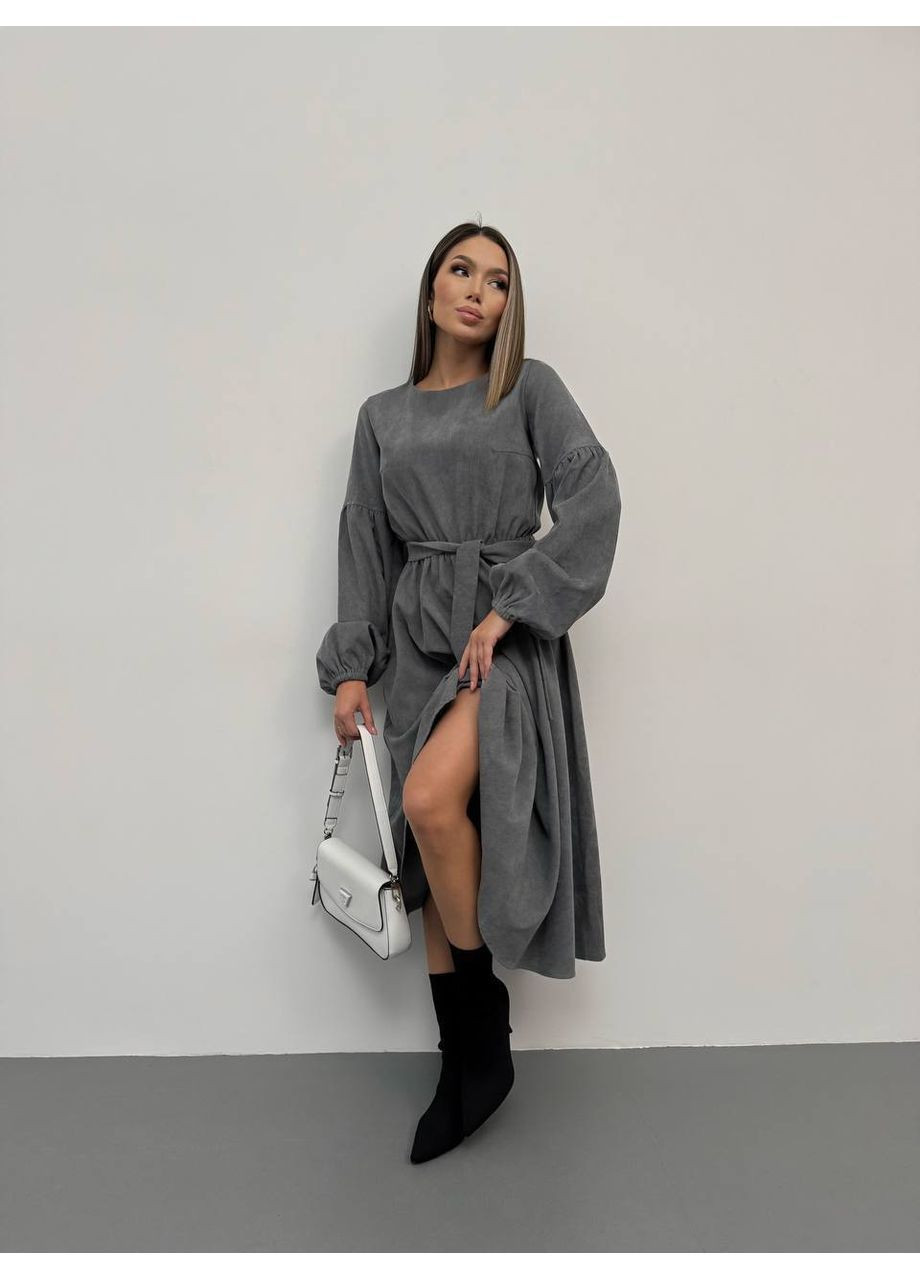 Серое стильное платье женское меди микровельвет малина No Brand