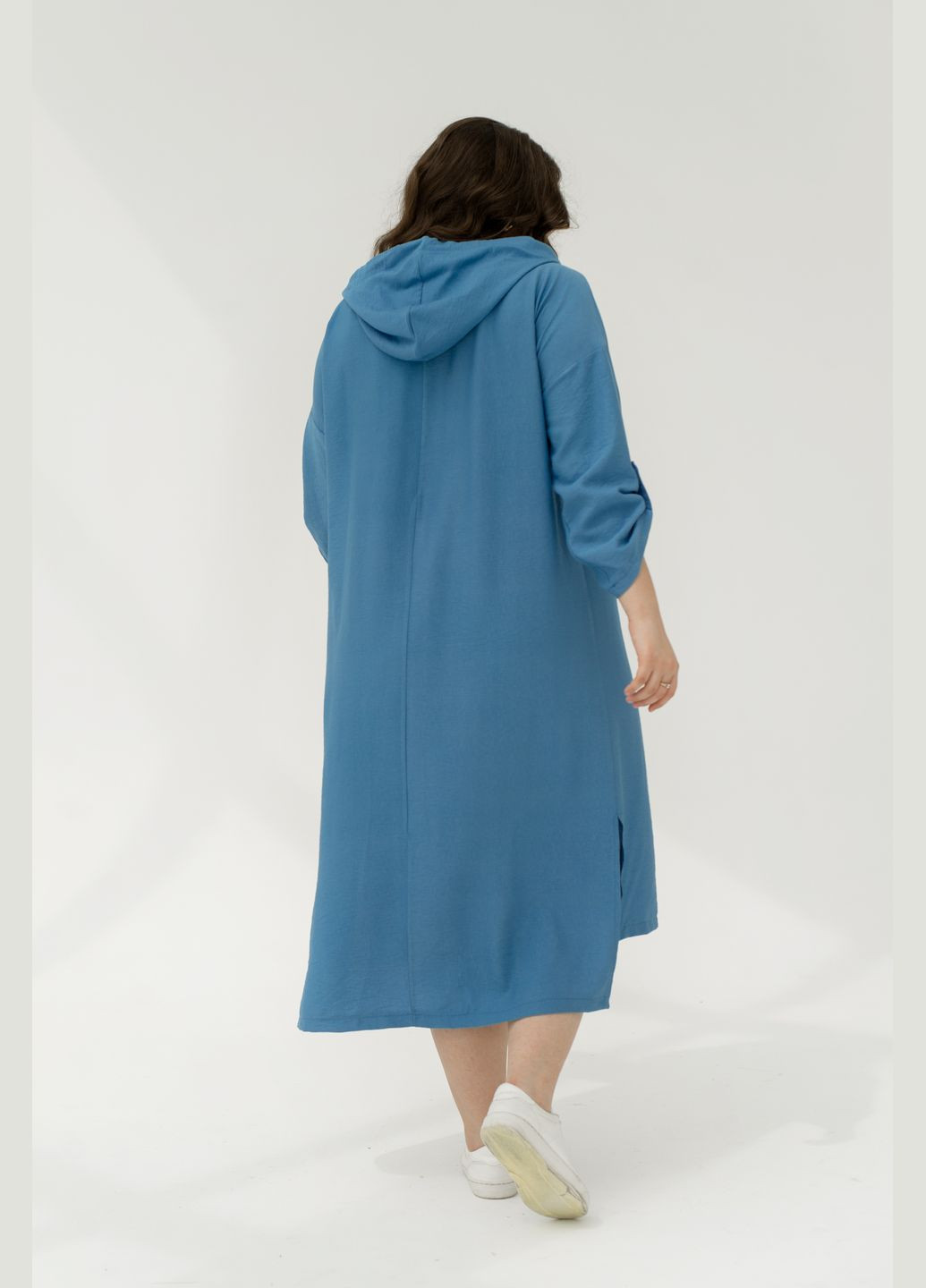 Голубое повседневный льняное платье платье-худи No Brand однотонное