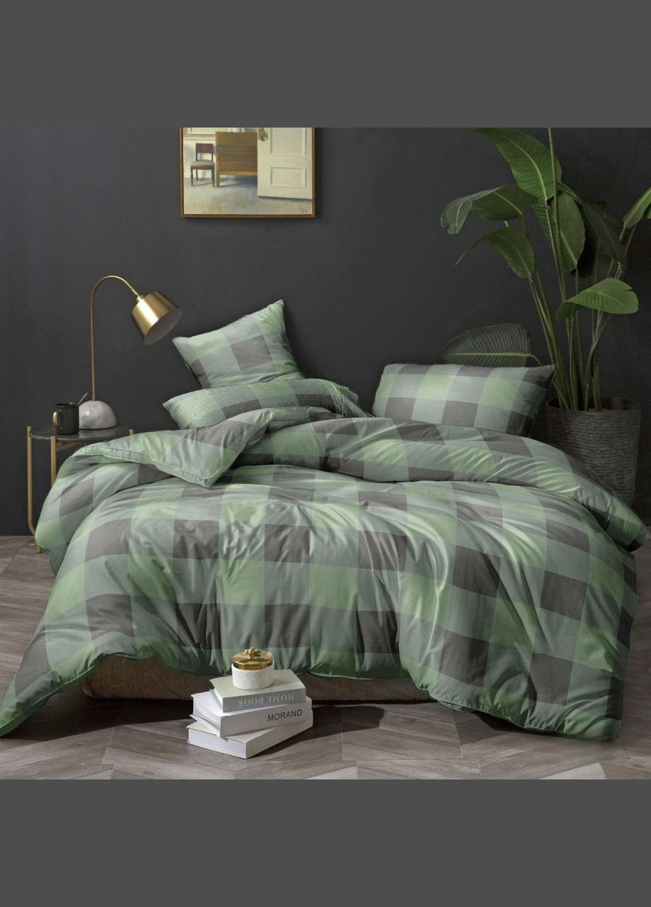 Постільна білизна полуторна сіро-зелена Клітинка Бязь Поліестер 8556 Ananasko (332183618)