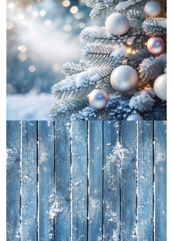 Фотофон вініловий зимовий, срібляста ялинка зі снігом і синя дерев’яна підлога, фон предметний 120×180 см, №57509 PhotoVinyl (354719539)