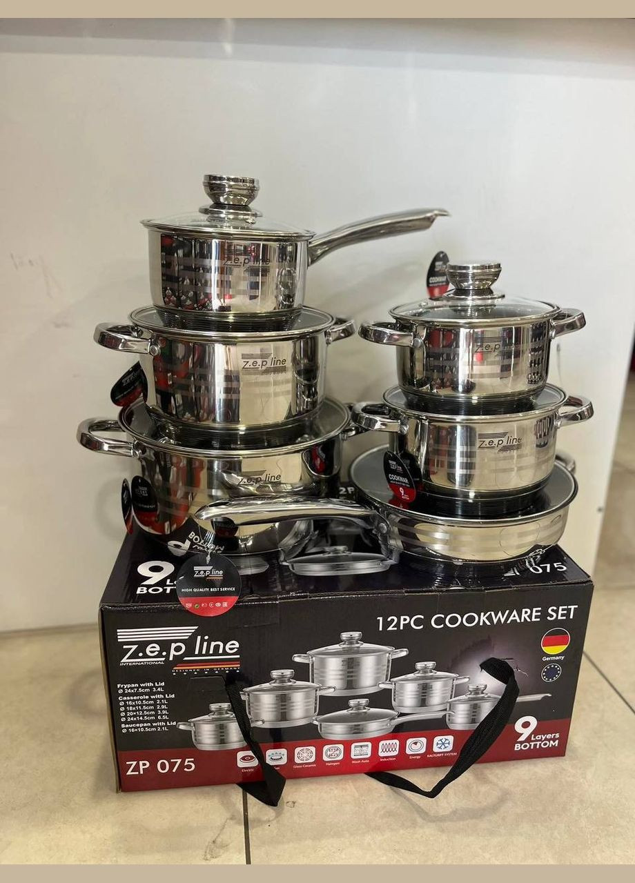 Набор кухонной посуды ZP-075 из нержавеющей стали 12 предметов Zepline (334850084)