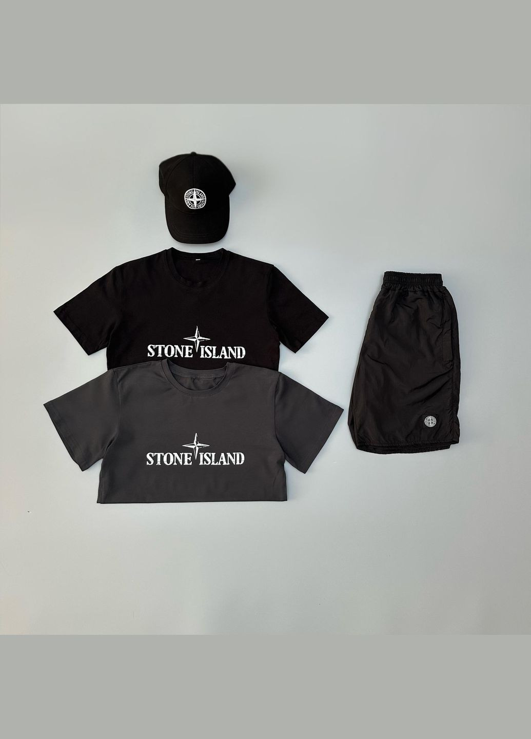 Стильный мужской летний костюм 3в1 + кепка Stone Island черный No Brand (342120218)