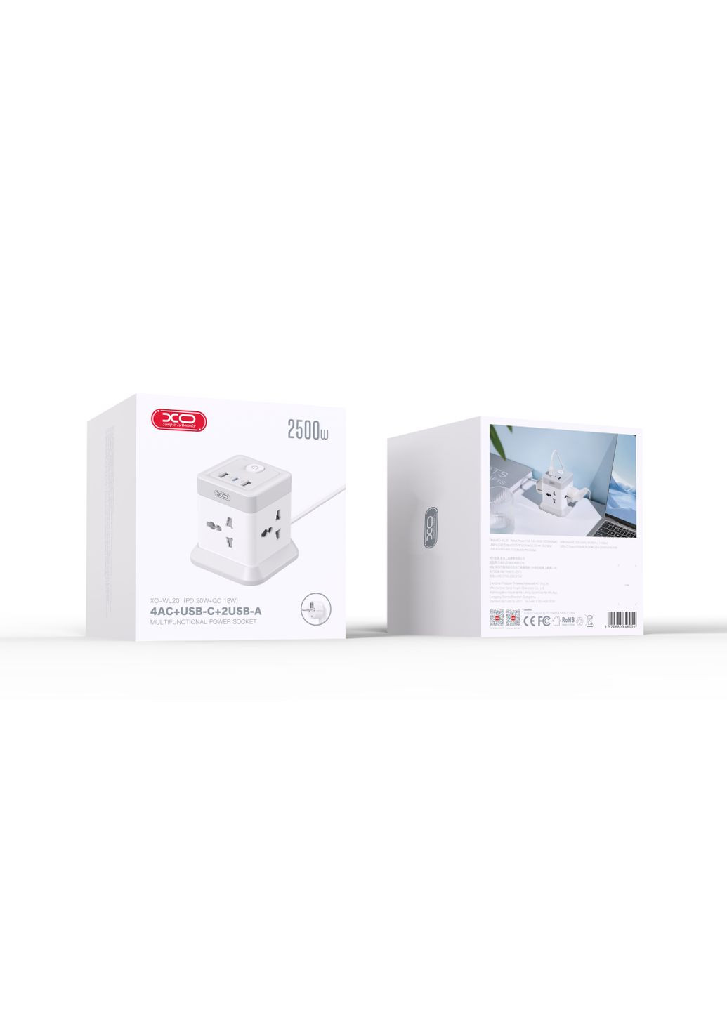 Сетевой Удлинитель WL20 20W Square Socket 4AC +USB-A+1USB-C PD/QC 2m Цвет Белый XO (337995250)