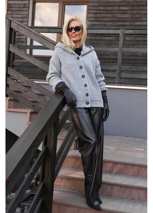 Серое зимнее Женское вязаное пальто с капюшоном (2917) Triko Bakh