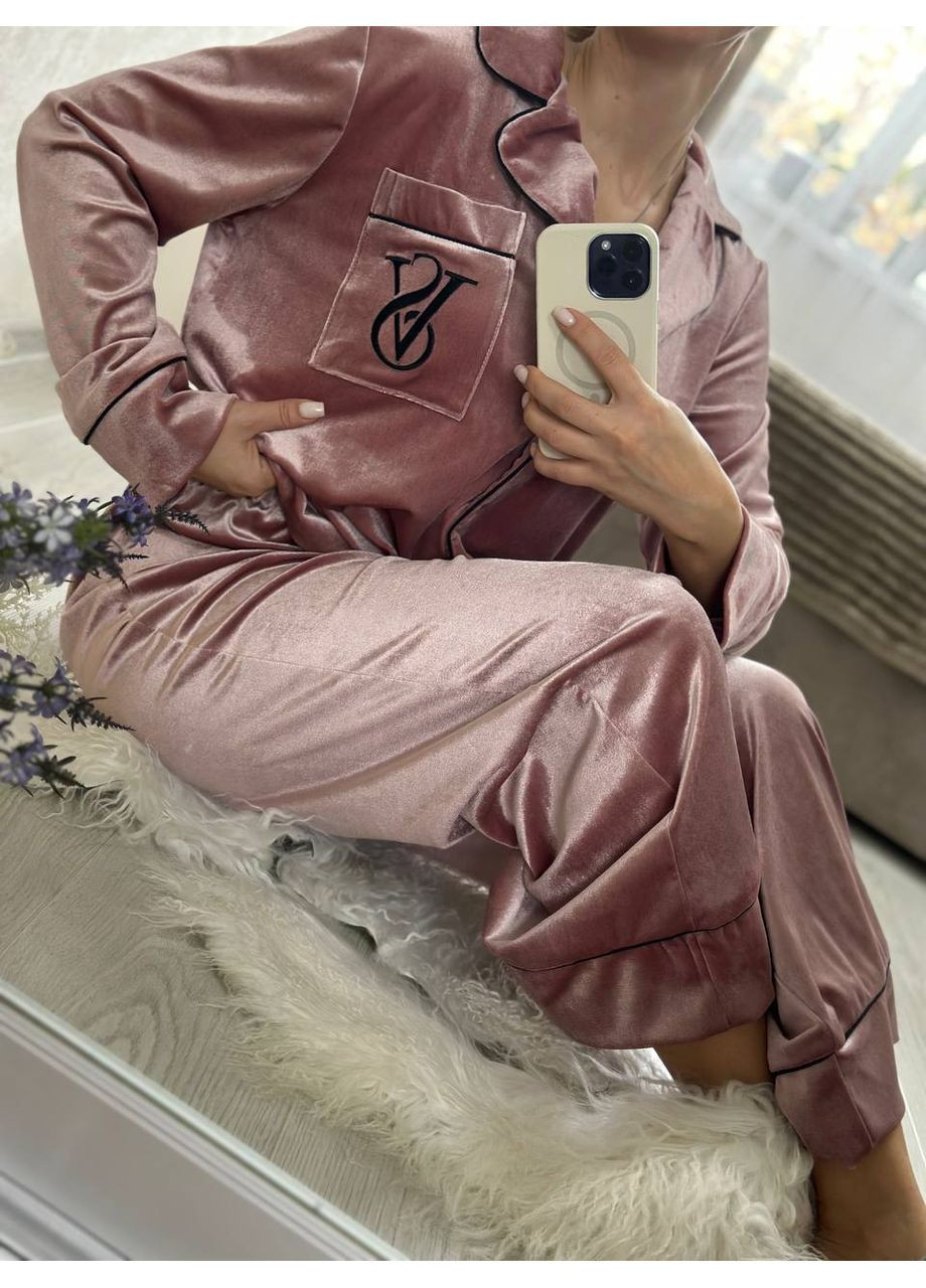 Пудровая зимняя женская бархатная пижама рубашка + брюки Asi.Store.ua