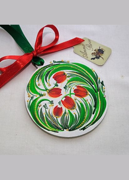 Новорічна біла куля ручної роботи з українським розписом "Червоні тюльпани" No Brand (349843488)