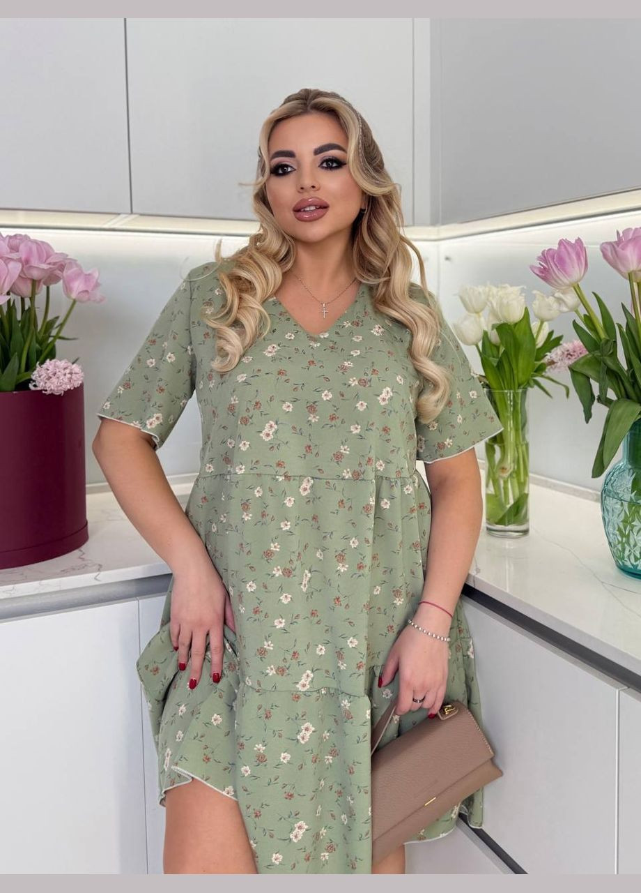 Оливкова повсякденний жіноча сукня міді вільного крою з коротким рукавом MonCher з квітковим принтом