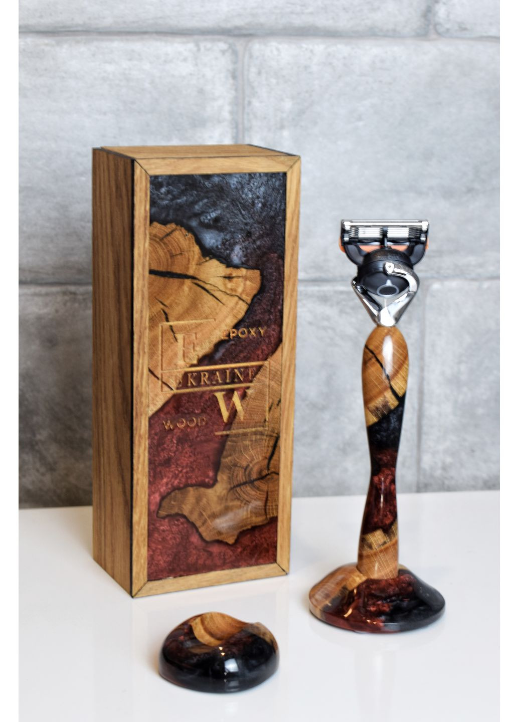 Набор подарочный Станок для бритья Серый и бордовый перламутр Коробка со смолой EpoxyWood Ukraine Округла (360898027)