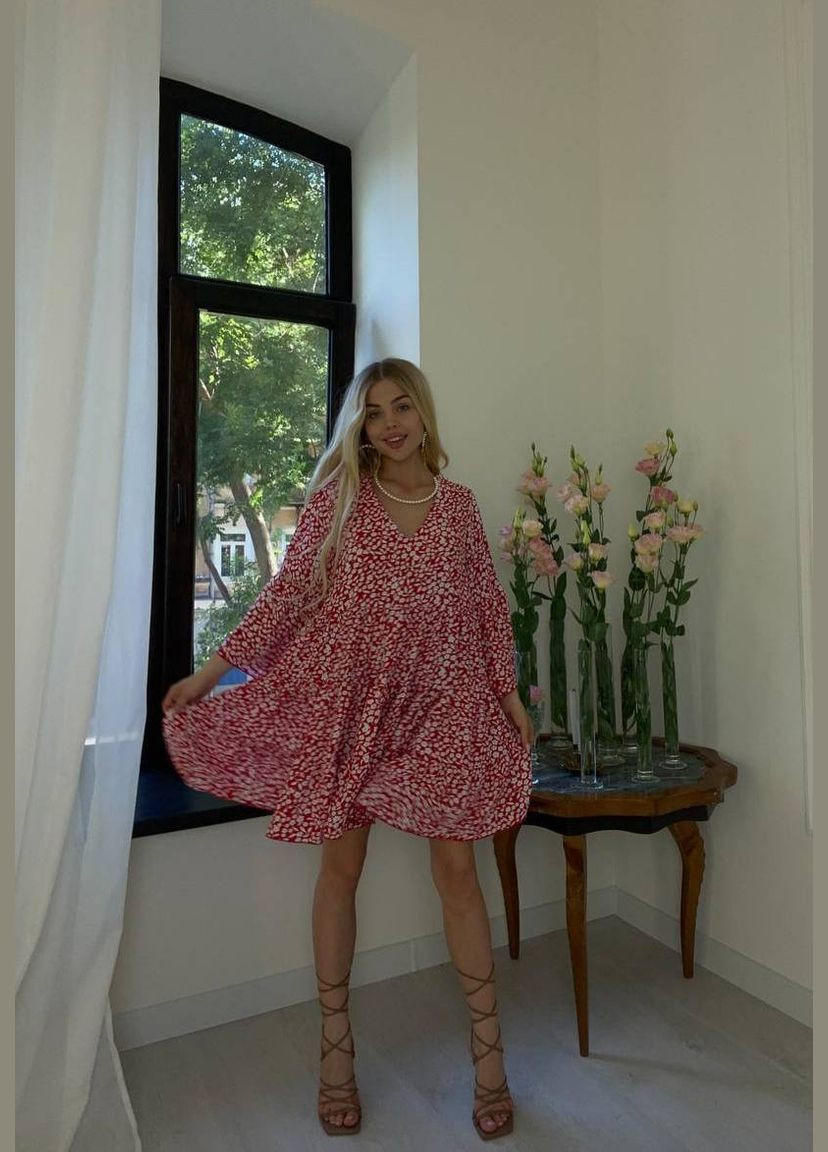 Красное повседневный, кэжуал, коктейльное, вечернее женское платье FINO Mode с цветочным принтом