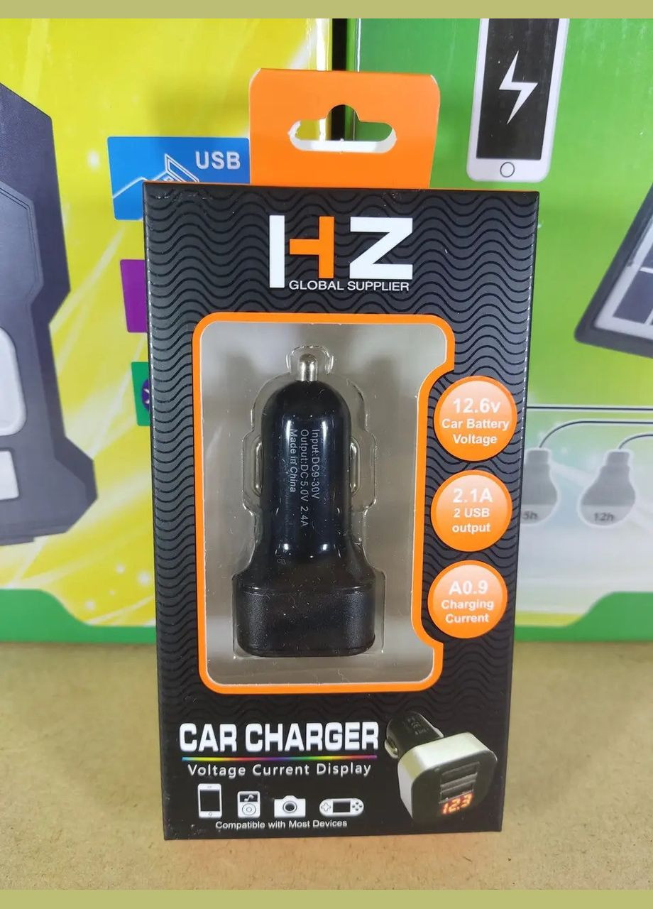 Автомобільний зарядний пристрій HZ HC1/9001 Charger 2.4A 2 USB від прикурювача з вольтметром No Brand (337311105)