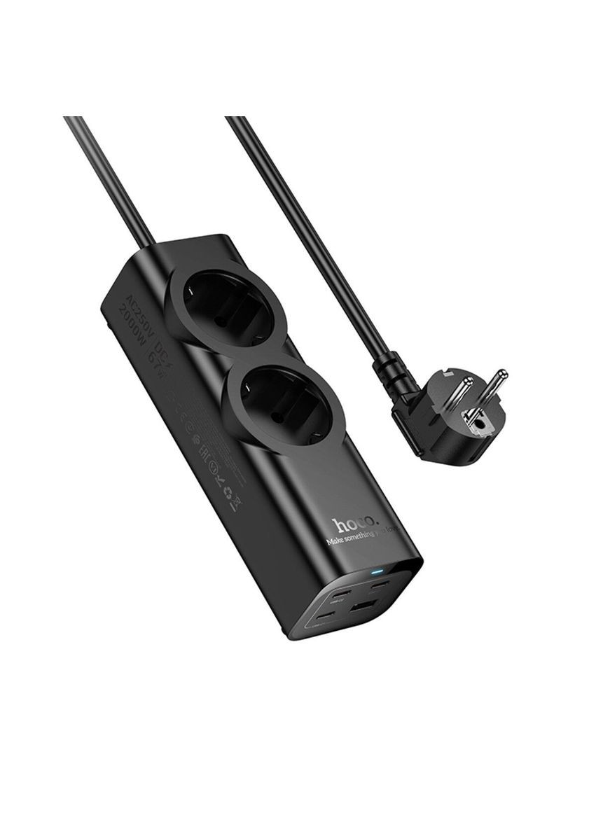 Сетевой удлинитель NS10 Wisdom 2-position (PD67W/3C1A) desktop socket (EU/GER) Black Hoco (335807115)
