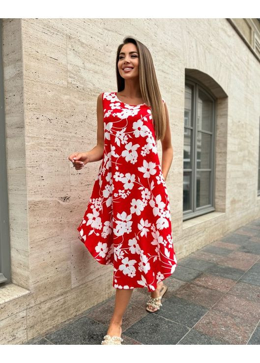 Червона повсякденний, кежуал асиметрична сукня з принтом а-силует ISSA PLUS з квітковим принтом