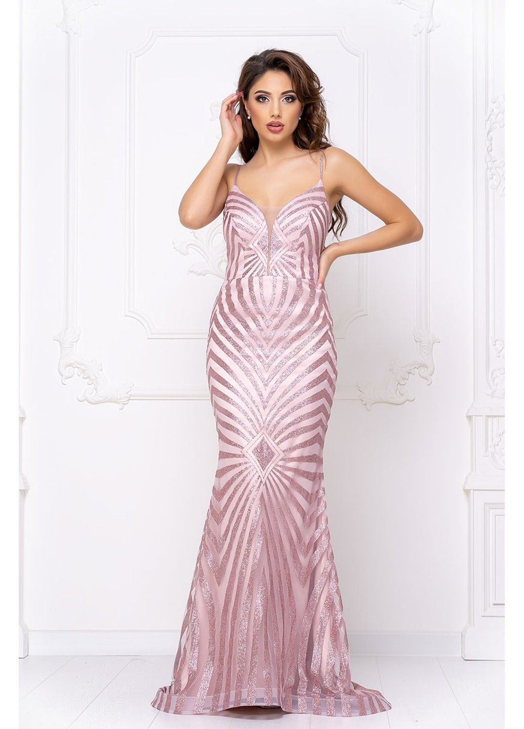 Розовое вечернее вечернее платье геометрический узор 20029 розовая Tanita-Romario