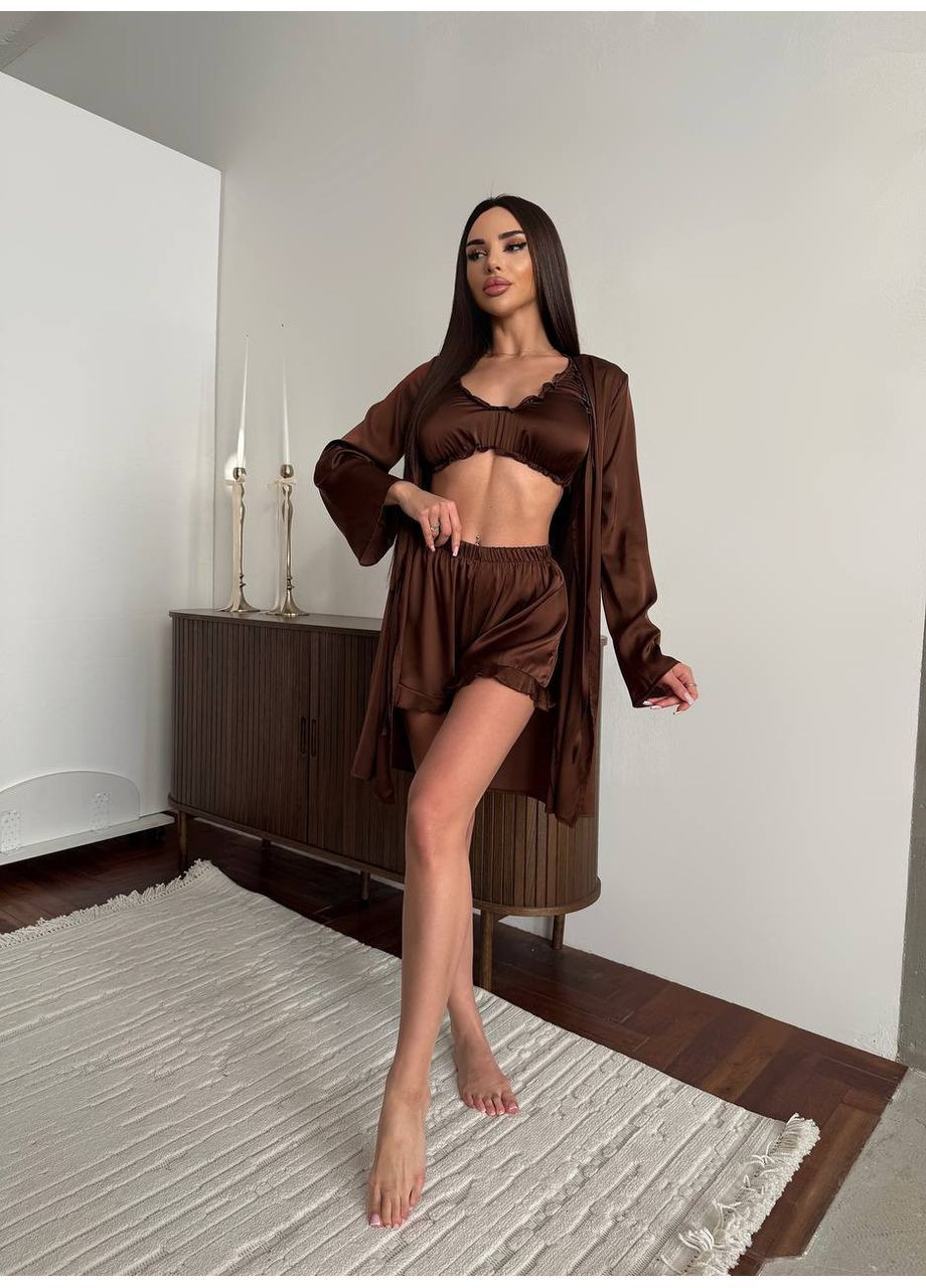Темно-коричневая всесезон женская пижама тройка FINO Mode