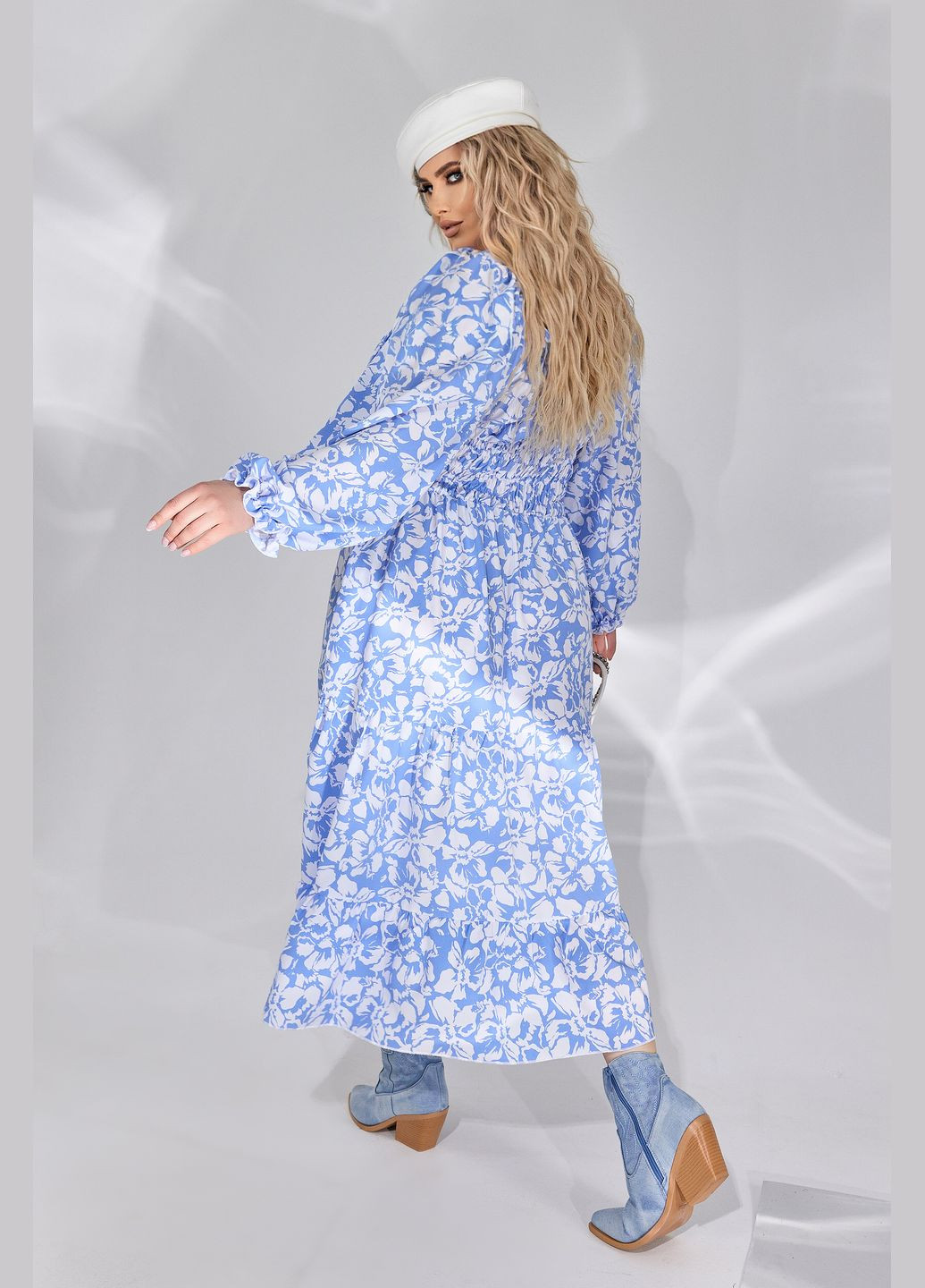 Голубое повседневный нежное платье колокол No Brand с цветочным принтом
