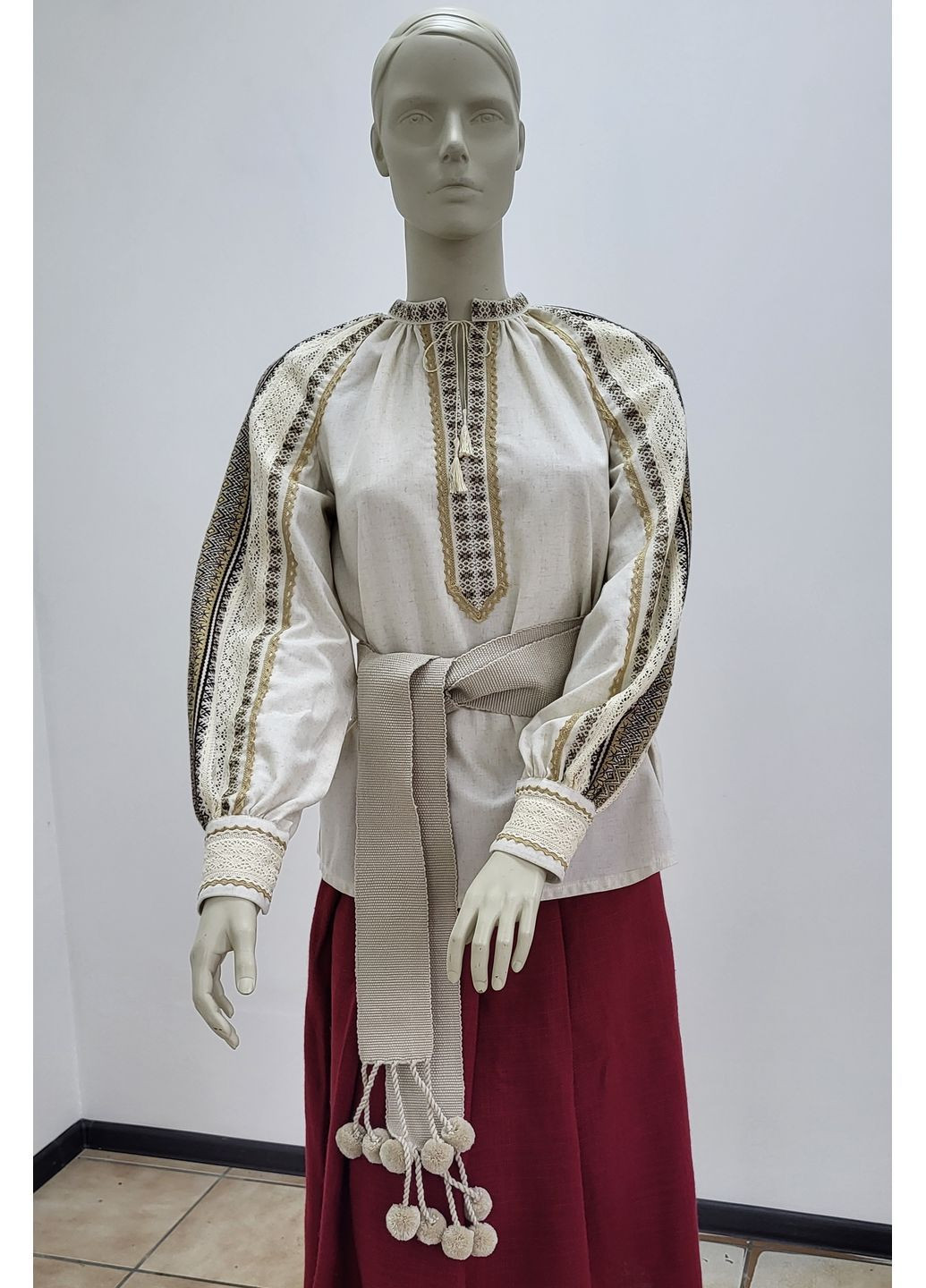 Комбинированная женская рубашка с тканой вышивкой и кружевом "пряная женская" узор украинская символика свободная домотканное полотно (366027287)