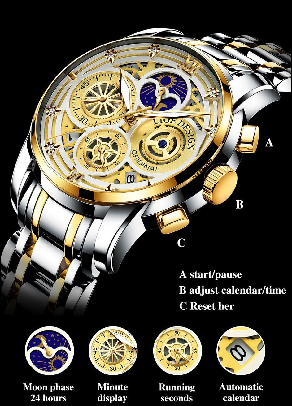 Часы мужские наручные кварцевые классические Lige 8942-Black (329443054)