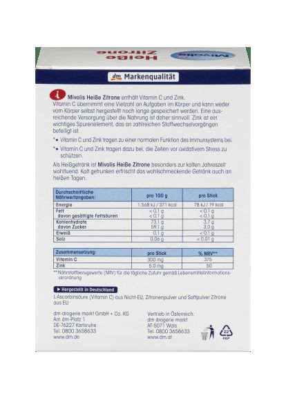 Лимонний чай для імунітету з вітаміном С та цинком Heißgetränk Heiße Zitrone, Portionssticks 20 St., 100 g Mivolis (366569633)