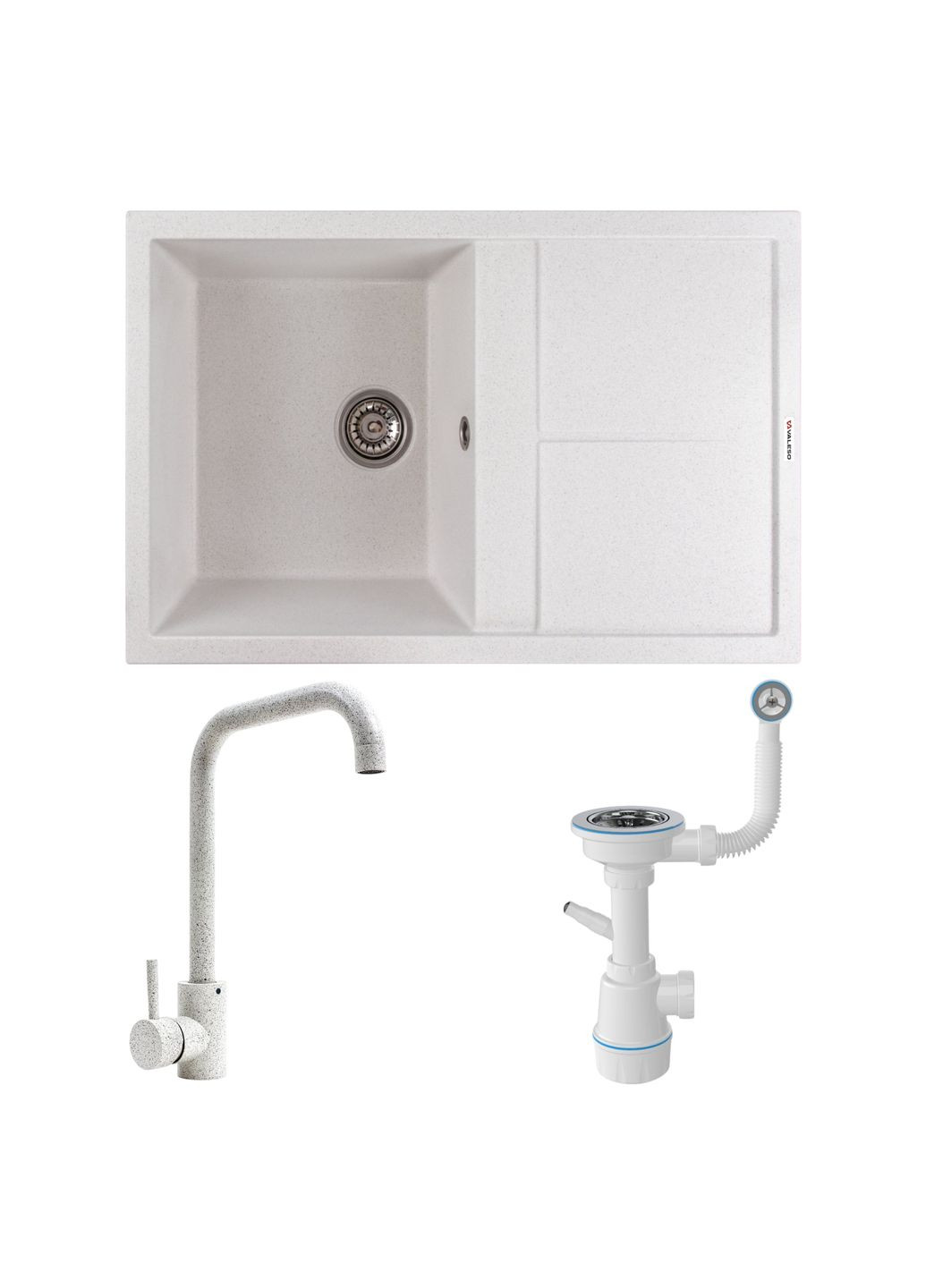 Комплект: Мийка SELENA 7950 біла в крапку + Змішувач NS02A білий в крапку + Сифон 1041 Valeso (361304758)