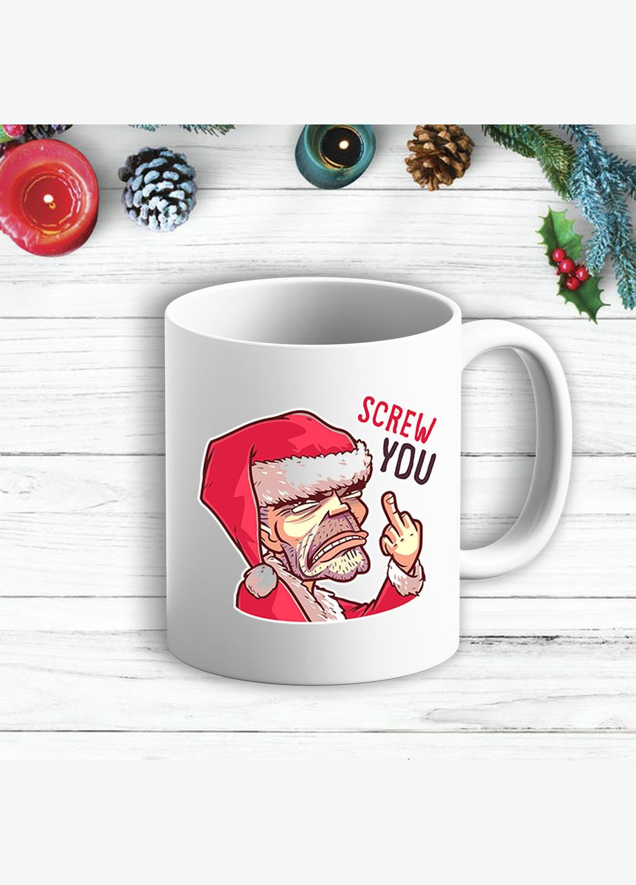 Білий кухоль (кухоль) з новорічним принтом Дід Мороз "Screw you" Кавун Чашка (316113073)