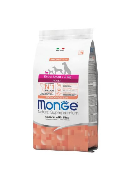 Сухой корм для собак Extra Small Adult Salm/Rice со вкусом лосося 800 г (8009470011457) Monge Extra Small Adult Salm/Rice зі смаком лосося 800 г (370018829)
