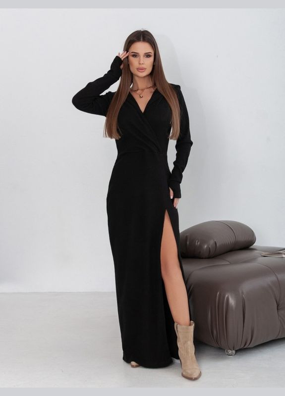 Чорна повсякденний чорна ангорова довга сукня з розрізом і капюшоном ISSA PLUS однотонна
