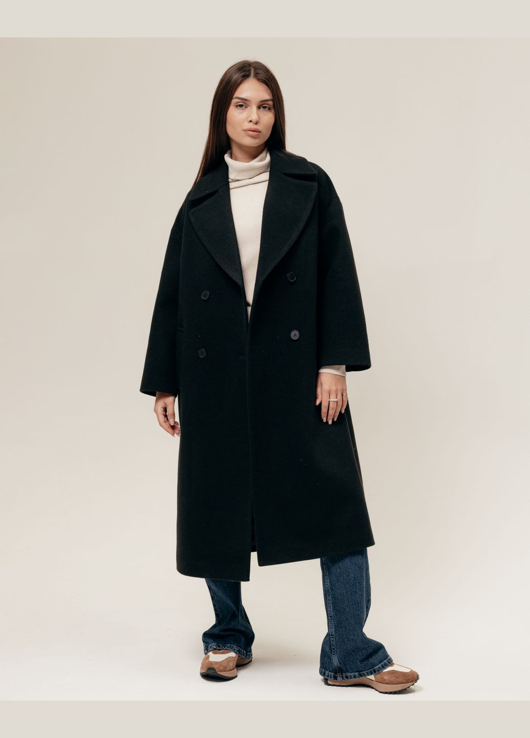 Черное демисезонное Пальто длинное свободное кашемир milirud