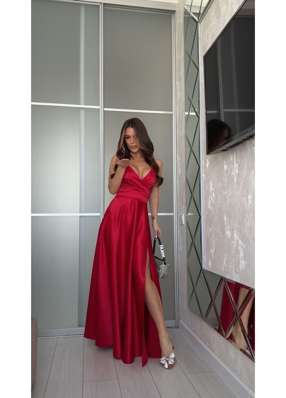 Красное вечернее элегантное длинное платье из королевского атласа «скарлет» No Brand однотонное
