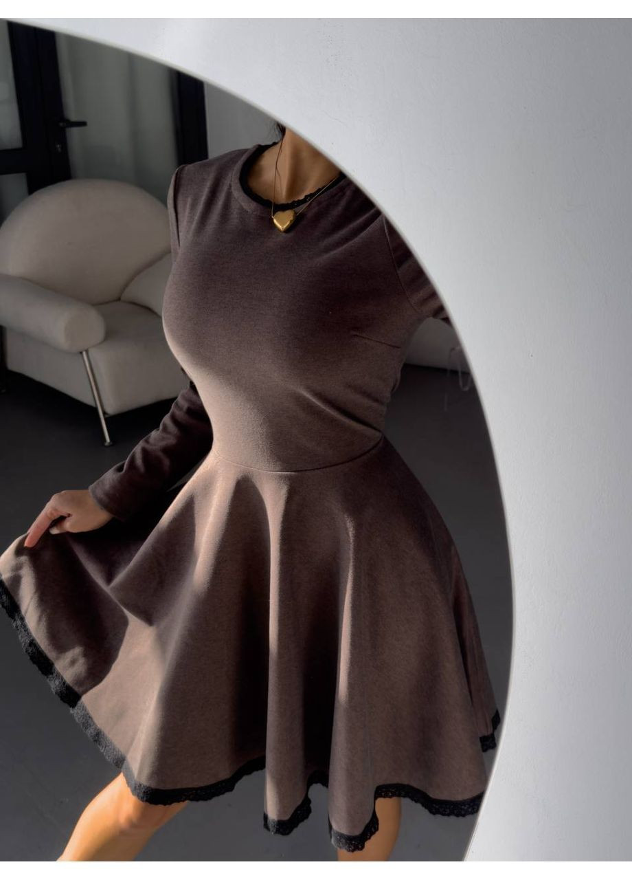 Коричневое праздничный, повседневный, деловое, кэжуал женское платье с кружевом а-силуэт Style Point однотонное