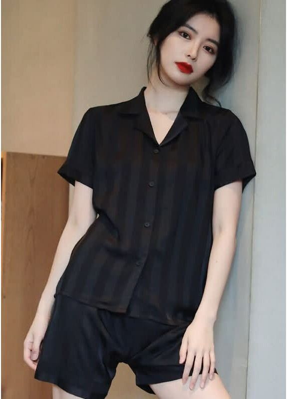 Чорна всесезон стильний атласний піжамний комплект жіноча піжама з атласу сорочка + шорти стильна коротка піжама на ґудзиках набір для сну сорочка + шорти Cindylove