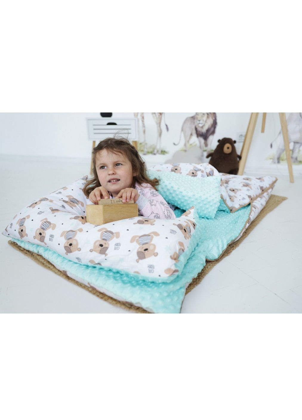 Детский спальный мешок постель на молнии с подушкой чехлом для хранения переноски (479342-Prob) Медвежата мятные размер L Unbranded (317278044)