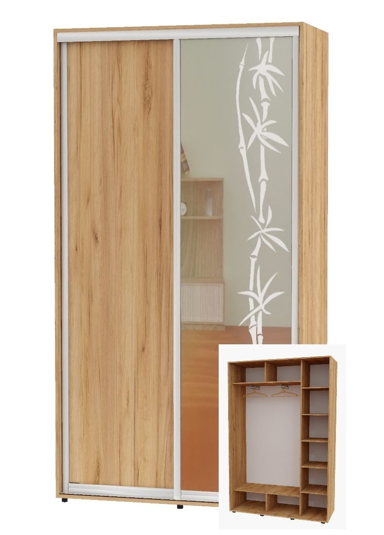 Шафа-купе дводверна 140*45*220 Дуб крафт золотий ДСП/Дзеркало з піскострумним малюнком Алекса (360478795)