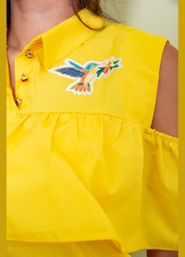 Желтая демисезонная нарядная блуза с рюшей, цвета джинс, Ager