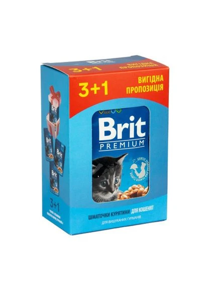 Набір паучів "3+1" для кошенят Cat pouch Chicken Chunks for Kitten з куркою, 4х100г Brit Premium (322875145)