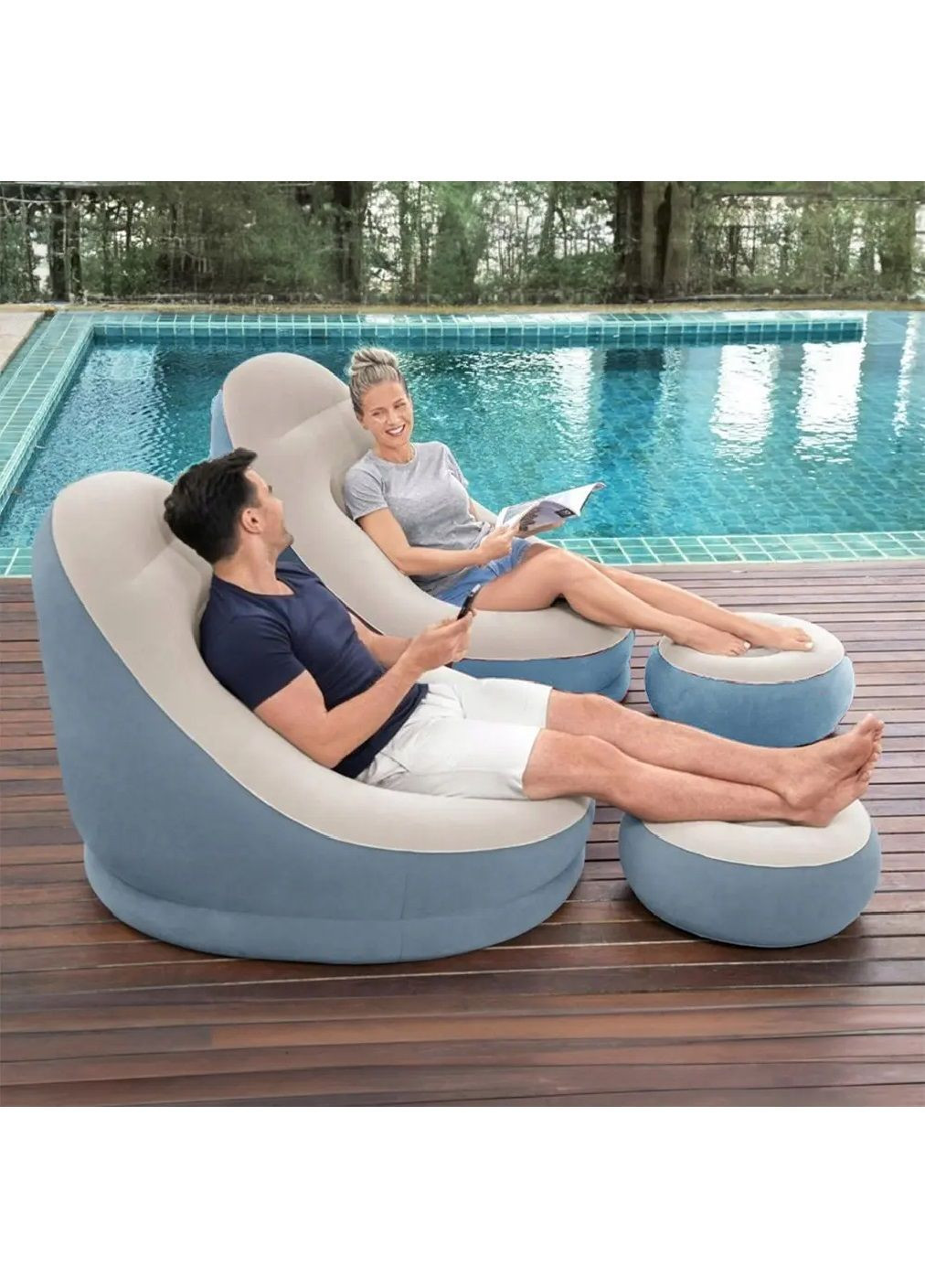 Надувне крісло із пуфом з флокованим покриттям насосом максимальним навантаженням 100 кг 116х88х83 см (480498-Prob) Блакитне Unbranded (336434321)