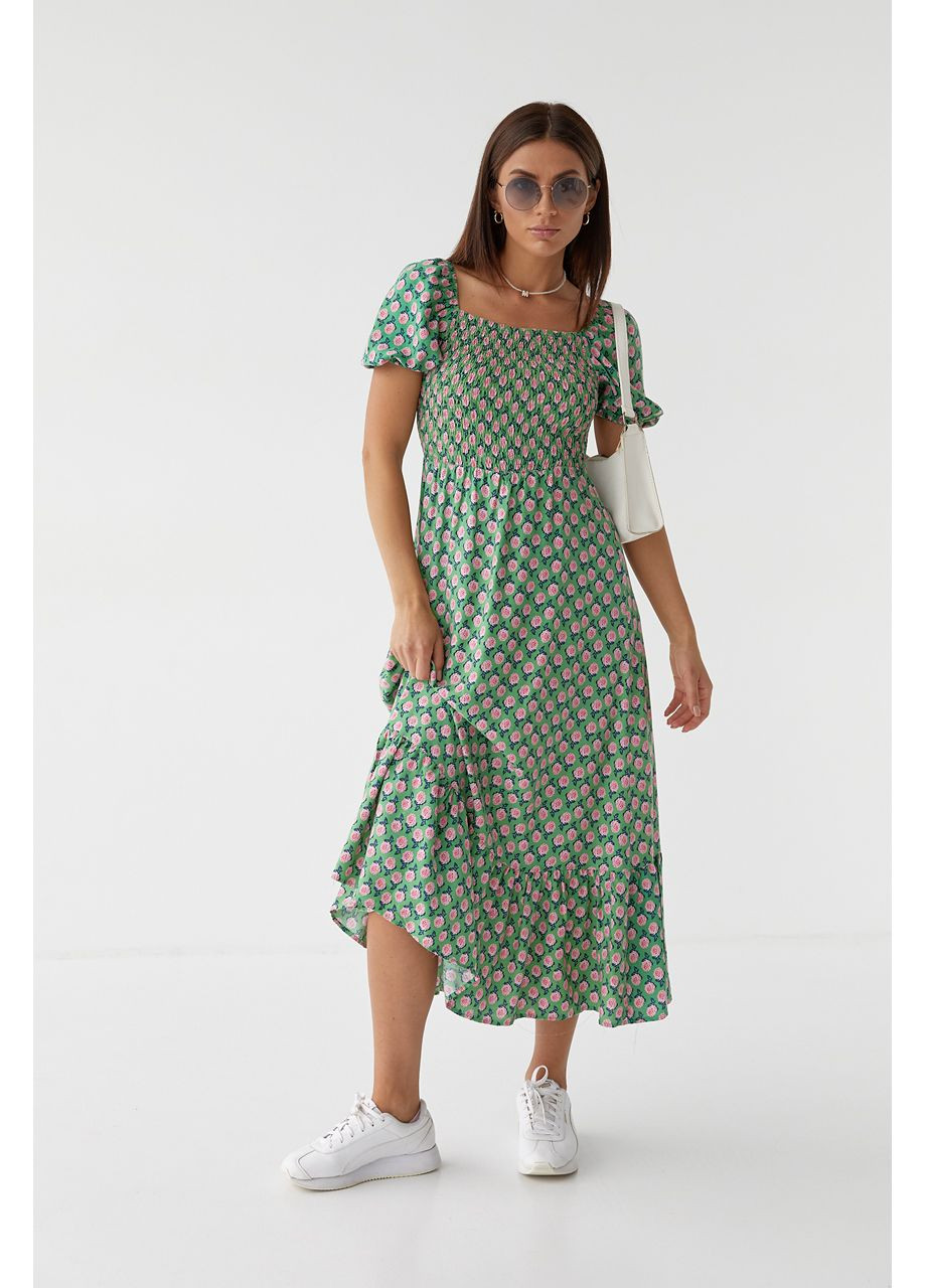 Зелена повсякденний, вечірня довга жіноча сукня з еластичним поясом з відкритою спиною Byron з квітковим принтом