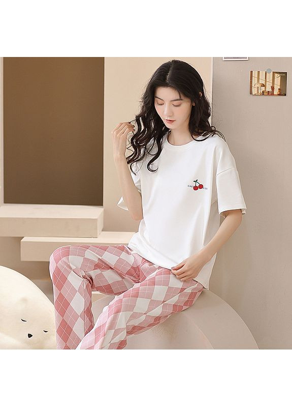 Біла всесезон жіноча бавовняна піжама з черешнями, No Brand