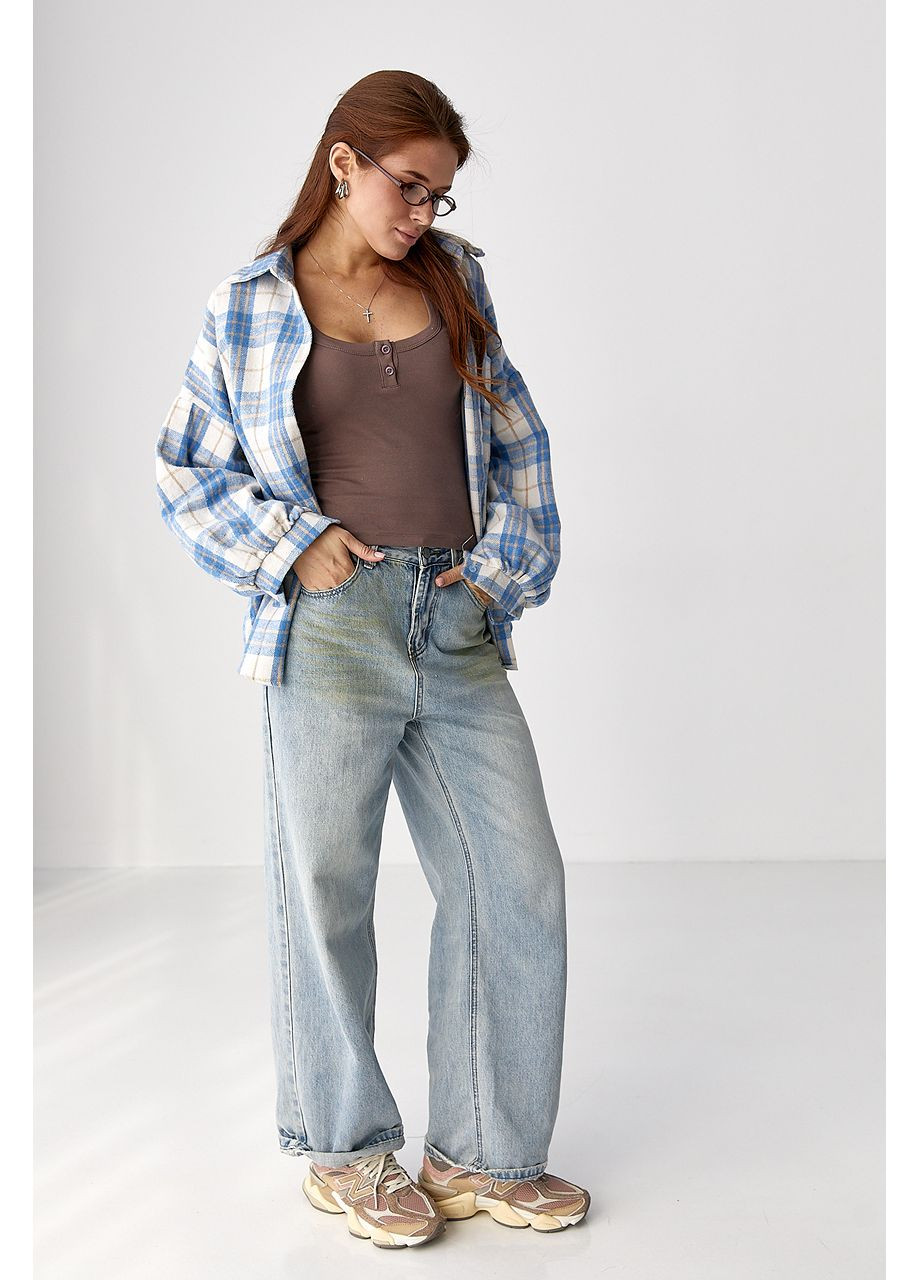 Голубой повседневный, кэжуал рубашка в клетку No Brand с длинным рукавом